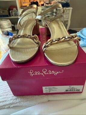 Lilly Pulitzer Gold Chain-Accent Block Heel Sandals